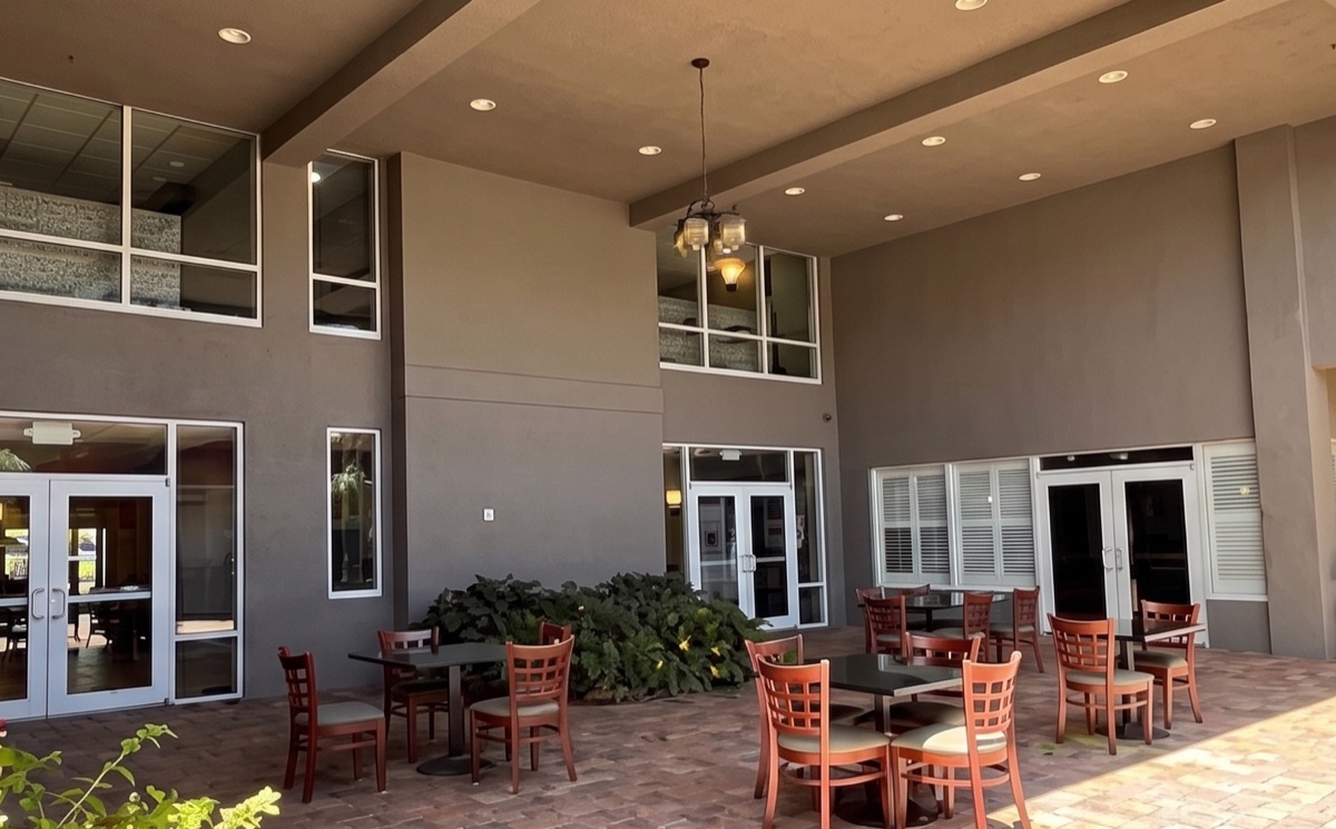 The outdoor courtyard patio with seating