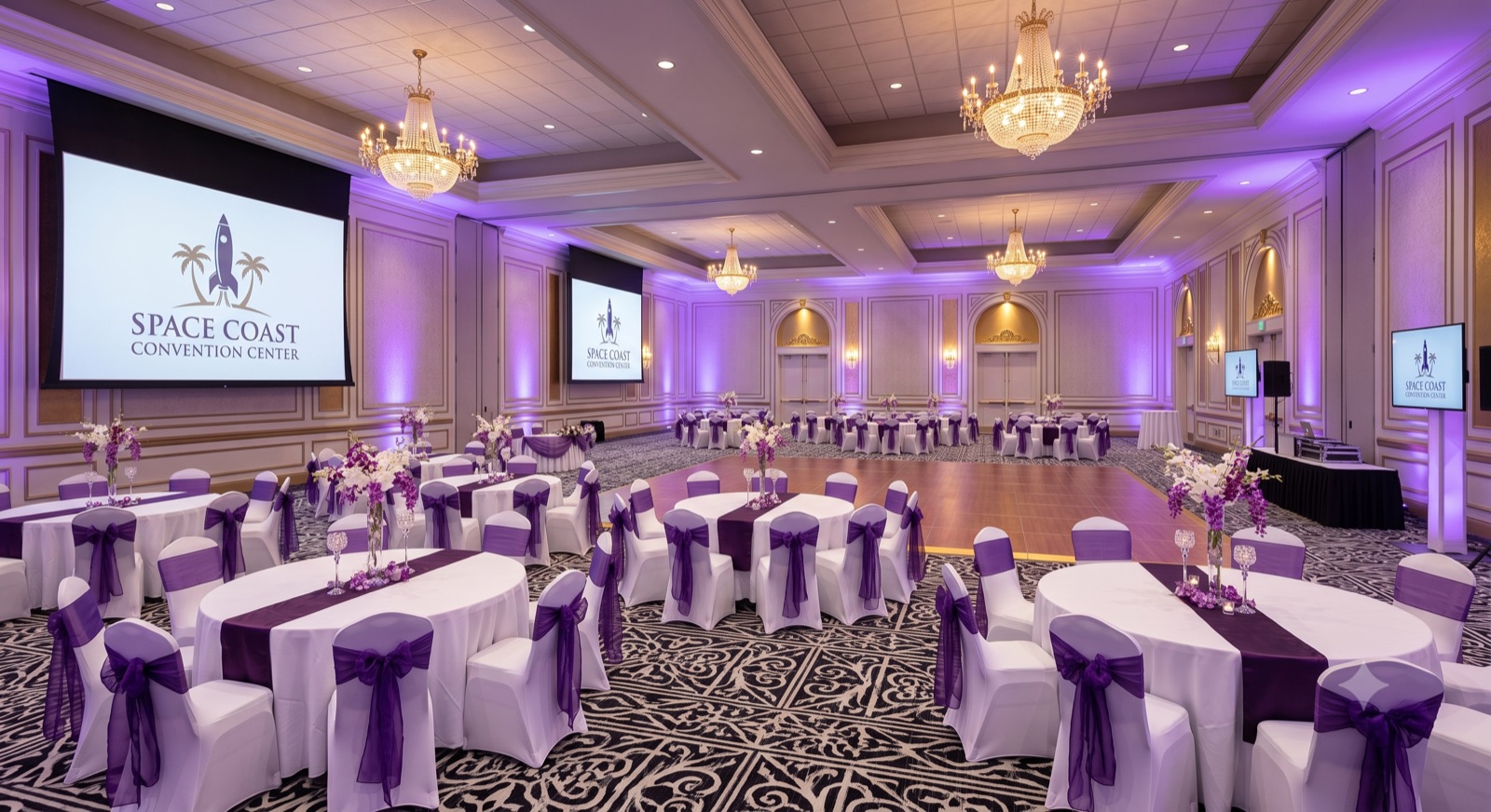 The Grand Ballroom at Space Coast Convention Center set for a 1,000-guest gala
