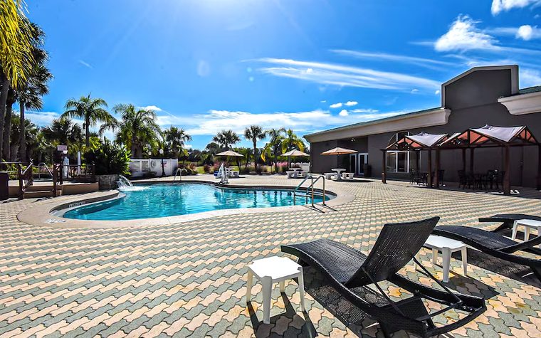 The tropical pool deck and outdoor space at Space Coast Convention Center